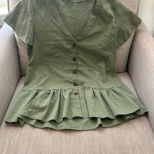 Olive Green Button-Down Peplum Top